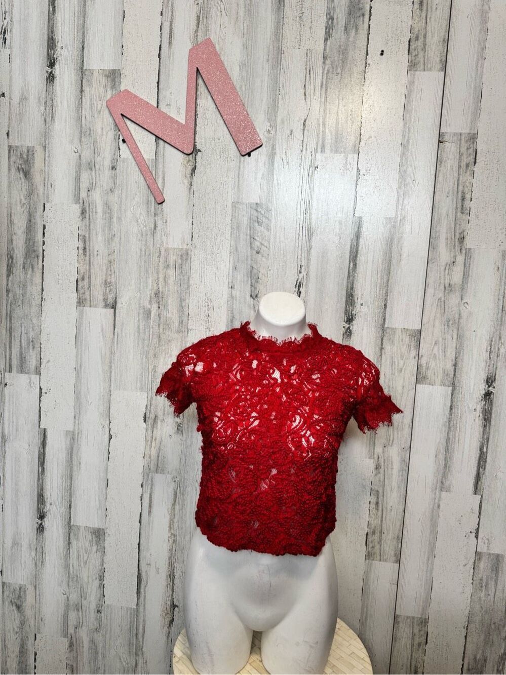 ZARA Trafaluc Red Eyelash Floral Lace Mock Neck Full Zip Back Crop Top Womens M